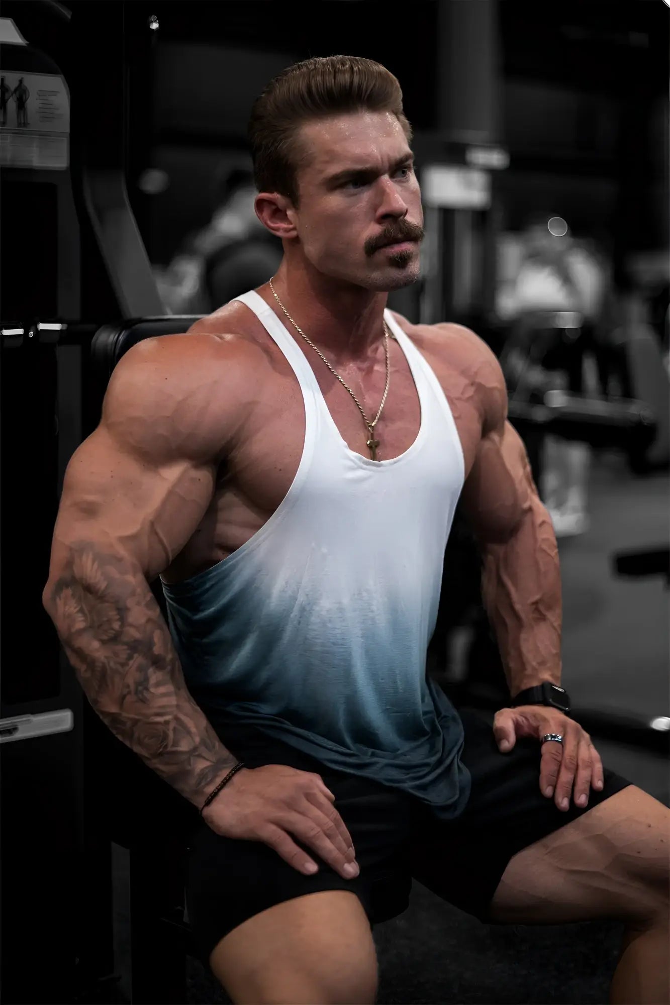 Classic bodybuilding racerback stringer tank top in white and blue gradient with subtle fade effect for training