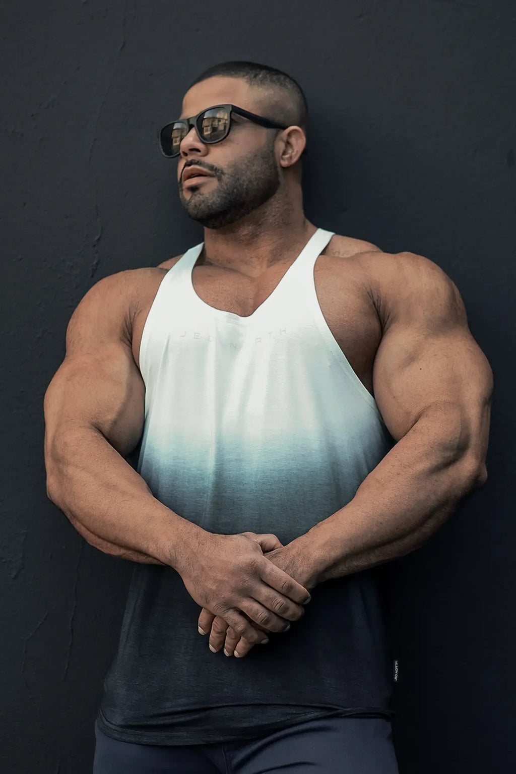 Classic bodybuilding racerback stringer tank top in white to blue gradient with v neck and ribbed hem