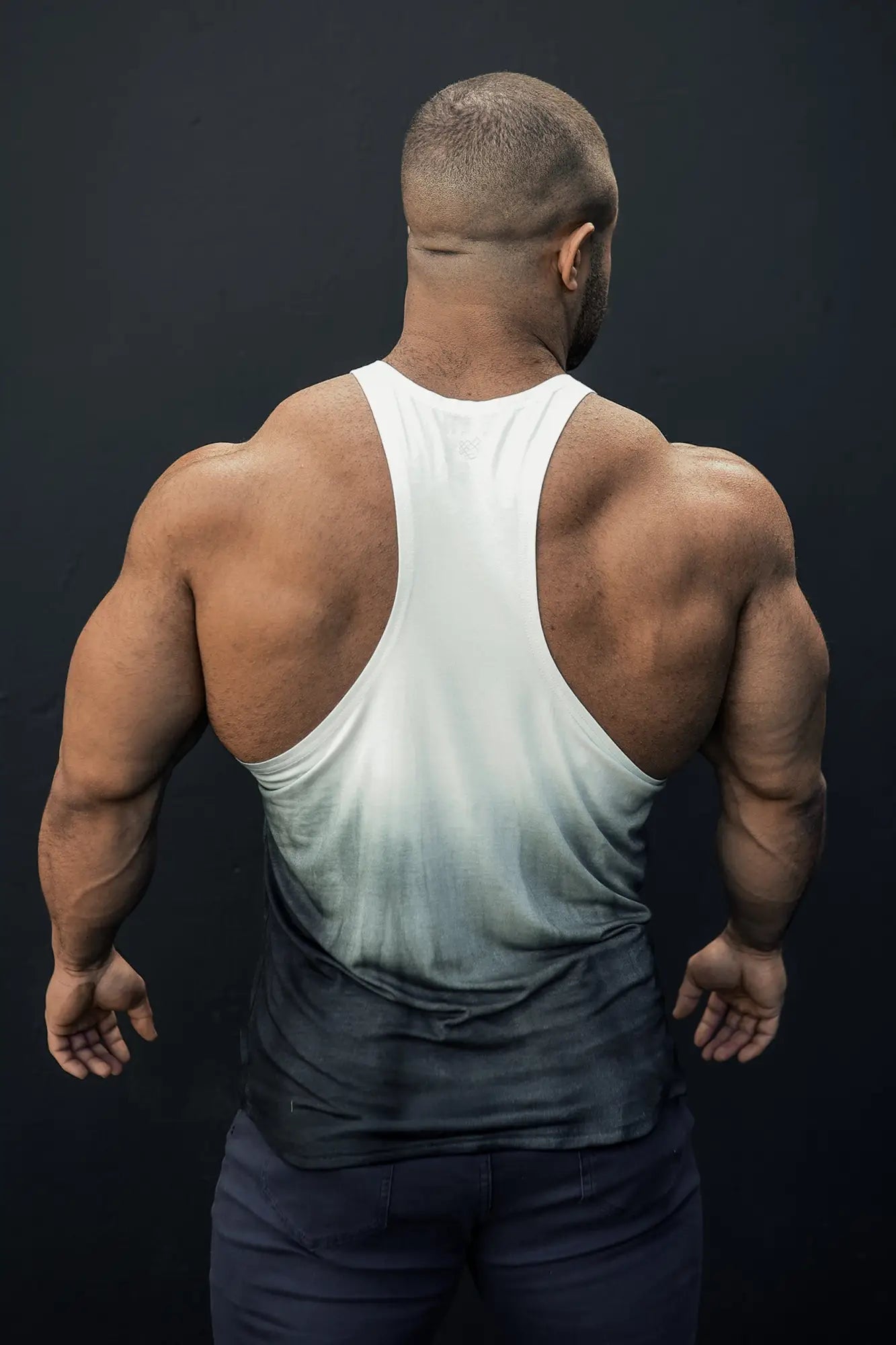 White and dark gray gradient racerback tank top showing back side classic bodybuilding racerback stringer black ombre