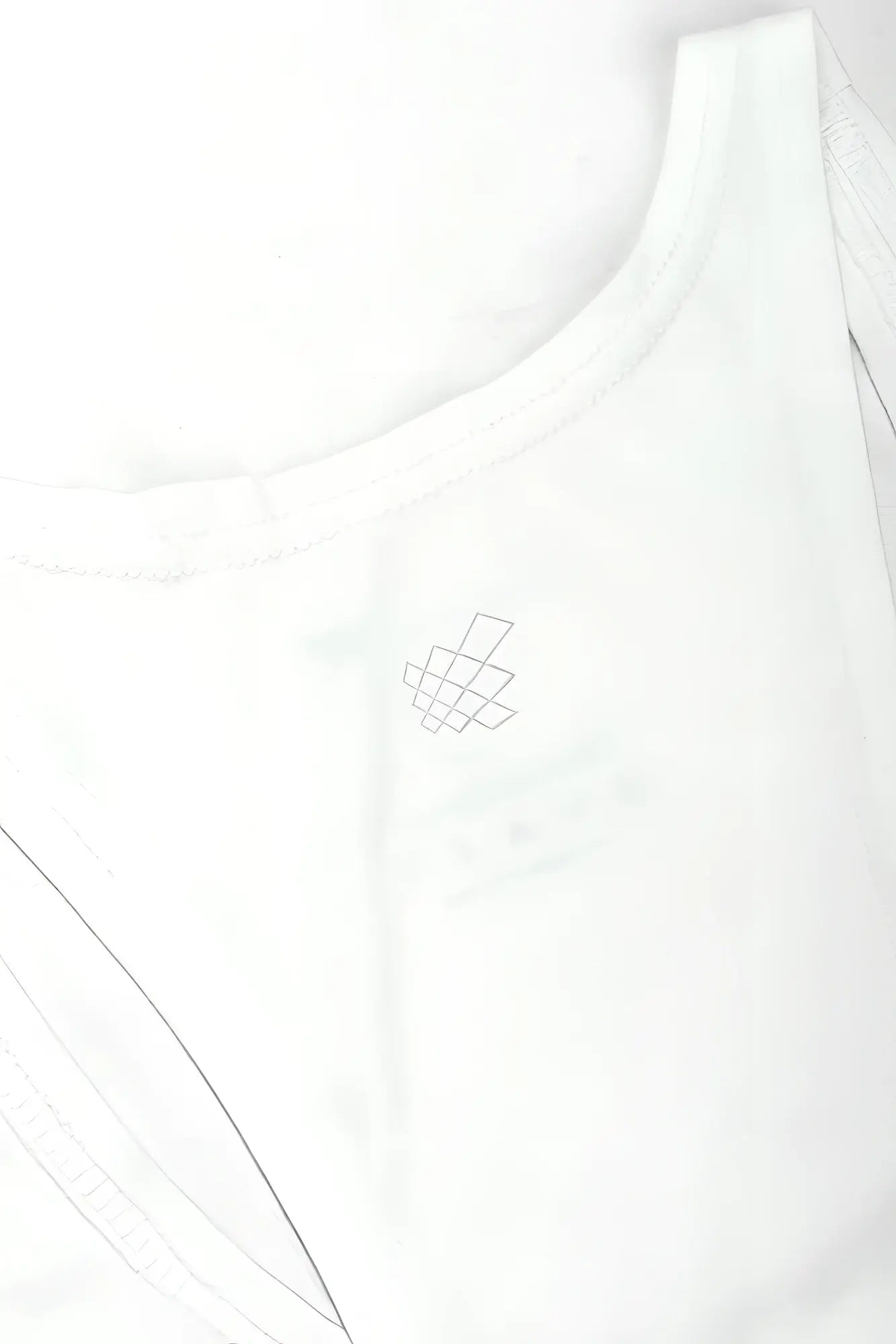 White sleeveless classic bodybuilding racerback stringer top with subtle geometric logo embroidered near neckline