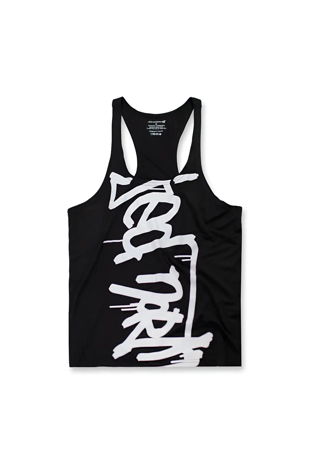 Black classic bodybuilding racerback stringer tank top with bold white brushstroke logo on the front