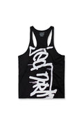 Black classic bodybuilding racerback stringer tank top with bold white brushstroke logo on the front