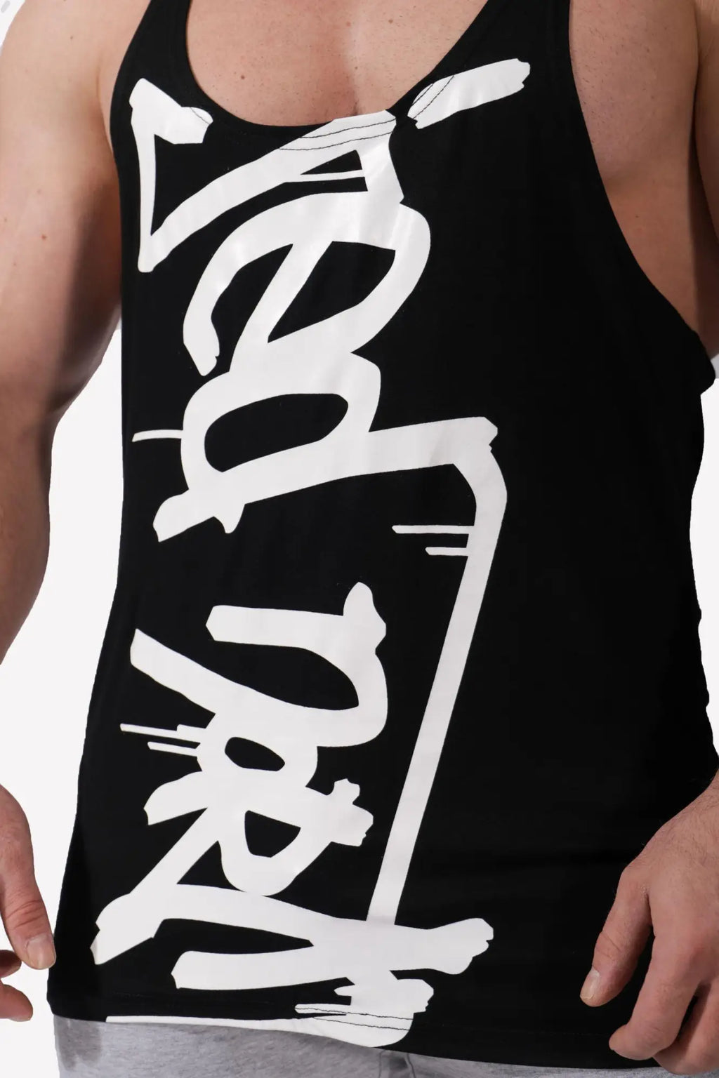 Black racerback stringer tank top with bold white graffiti style logo perfect for classic bodybuilding workouts