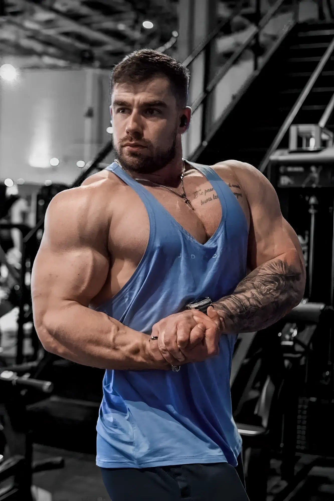 Blue muscle tank top Jed North classic bodybuilding racerback stringer designed for gym workouts and training