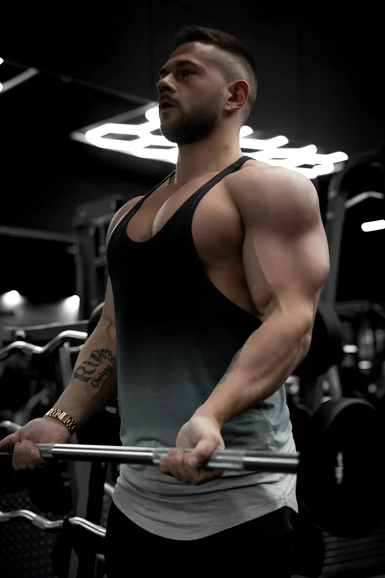 Classic bodybuilding racerback stringer gray ombre tank top with black and gray gradient and deep scoop neckline