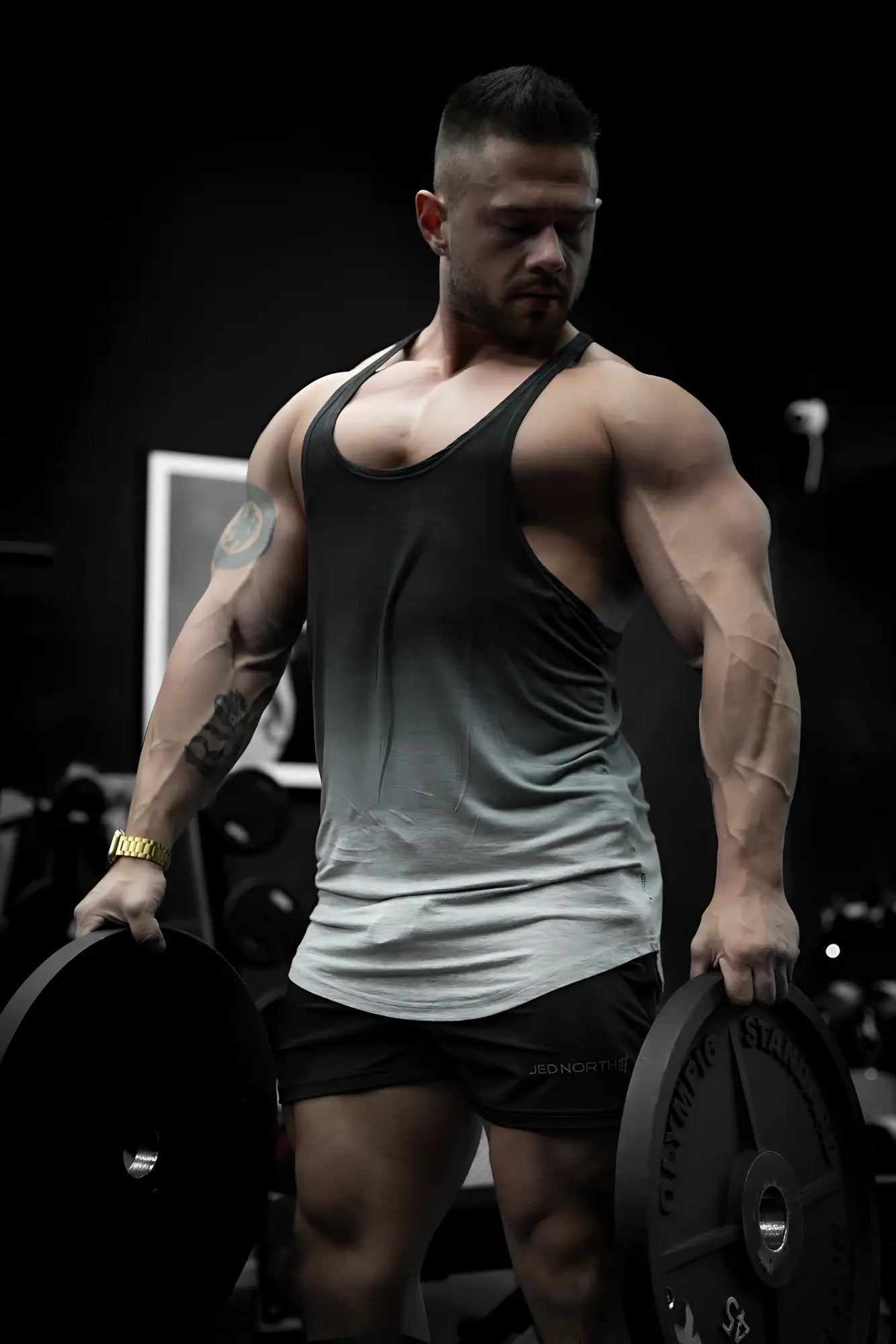 Classic bodybuilding racerback stringer gray ombre tank top with a black and gray gradient fitted athletic cut
