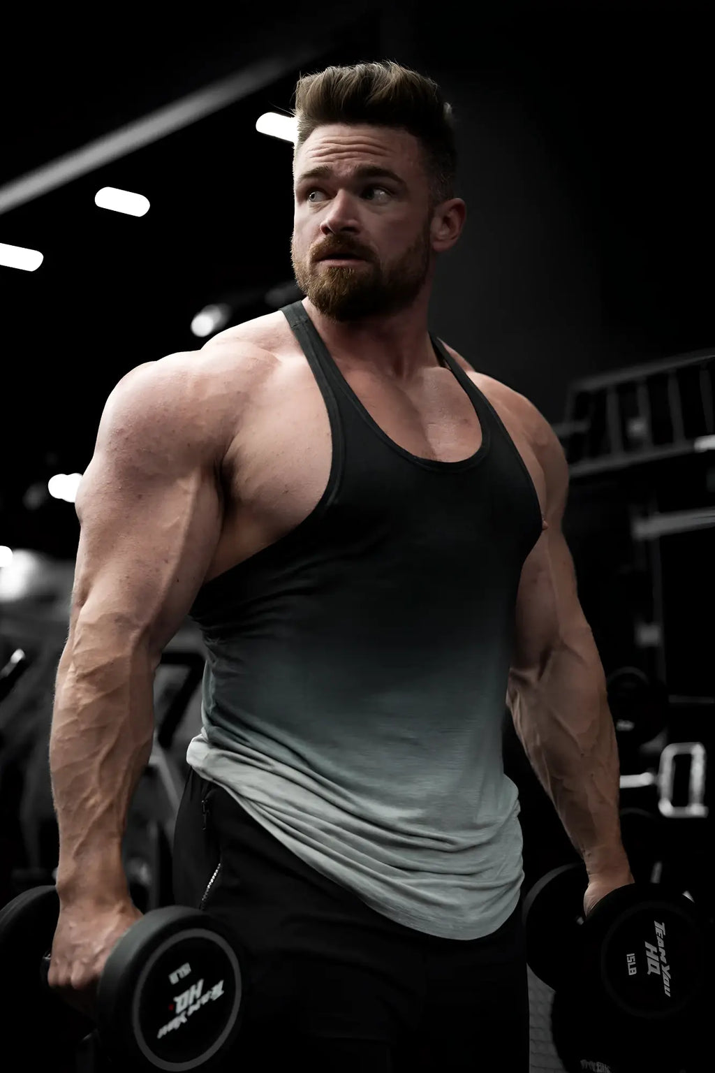 Classic bodybuilding racerback stringer gray ombre tank top with black and gray gradient fitted athletic cut
