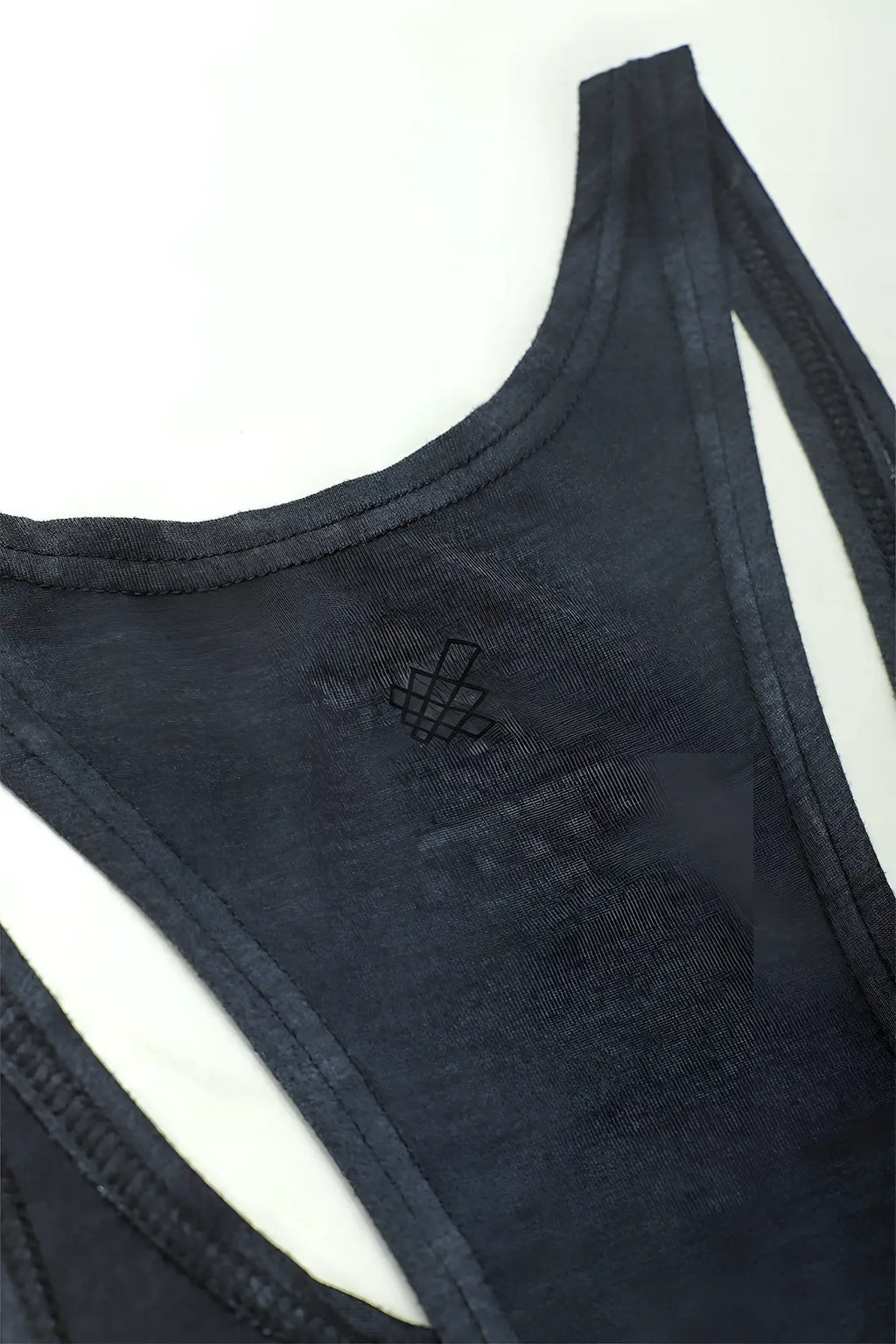 Back view of classic bodybuilding racerback stringer tank top in black with subtle texture and small embroidered logo