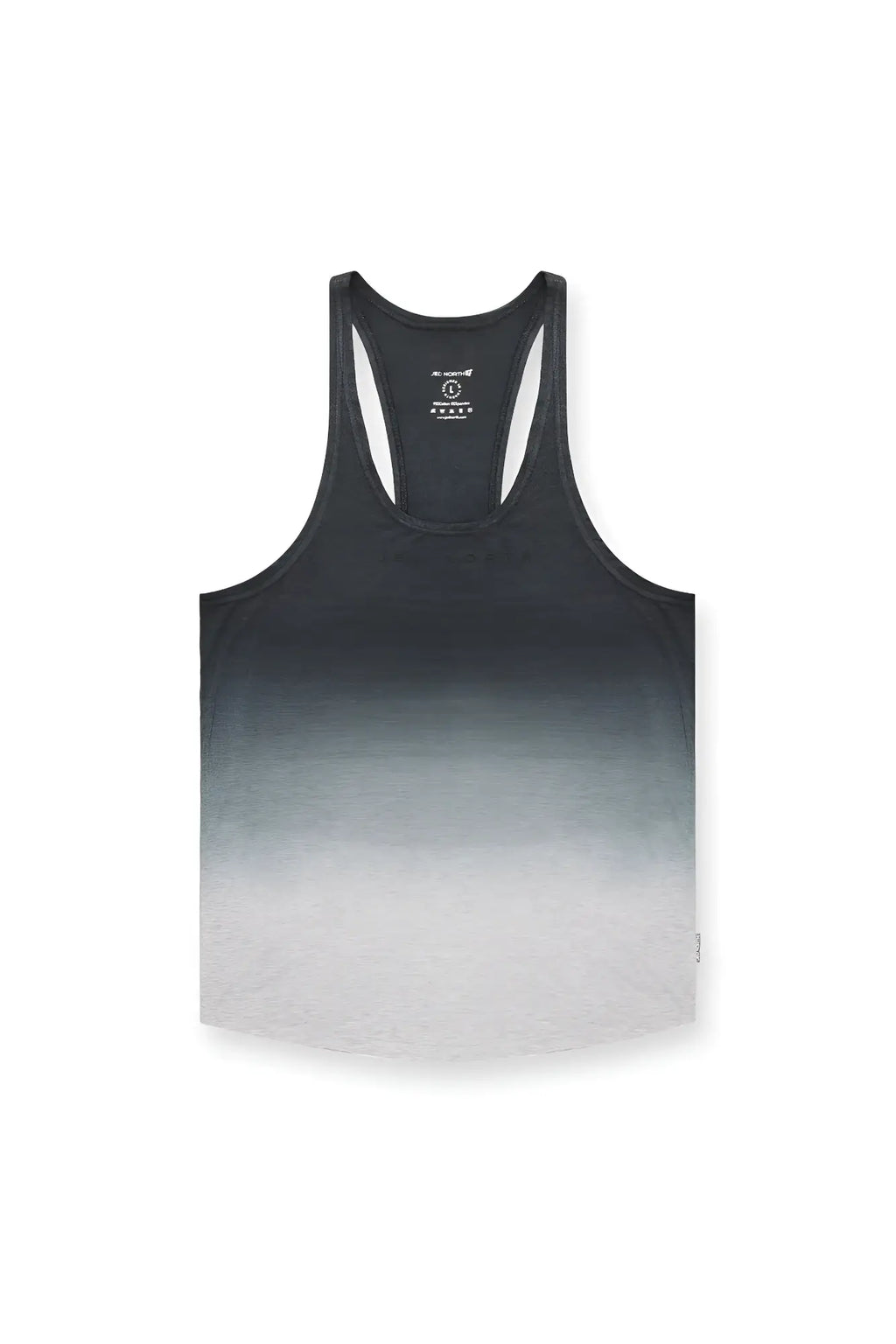 Classic bodybuilding racerback stringer tank top with black to white gradient ombre front design in gray ombre color