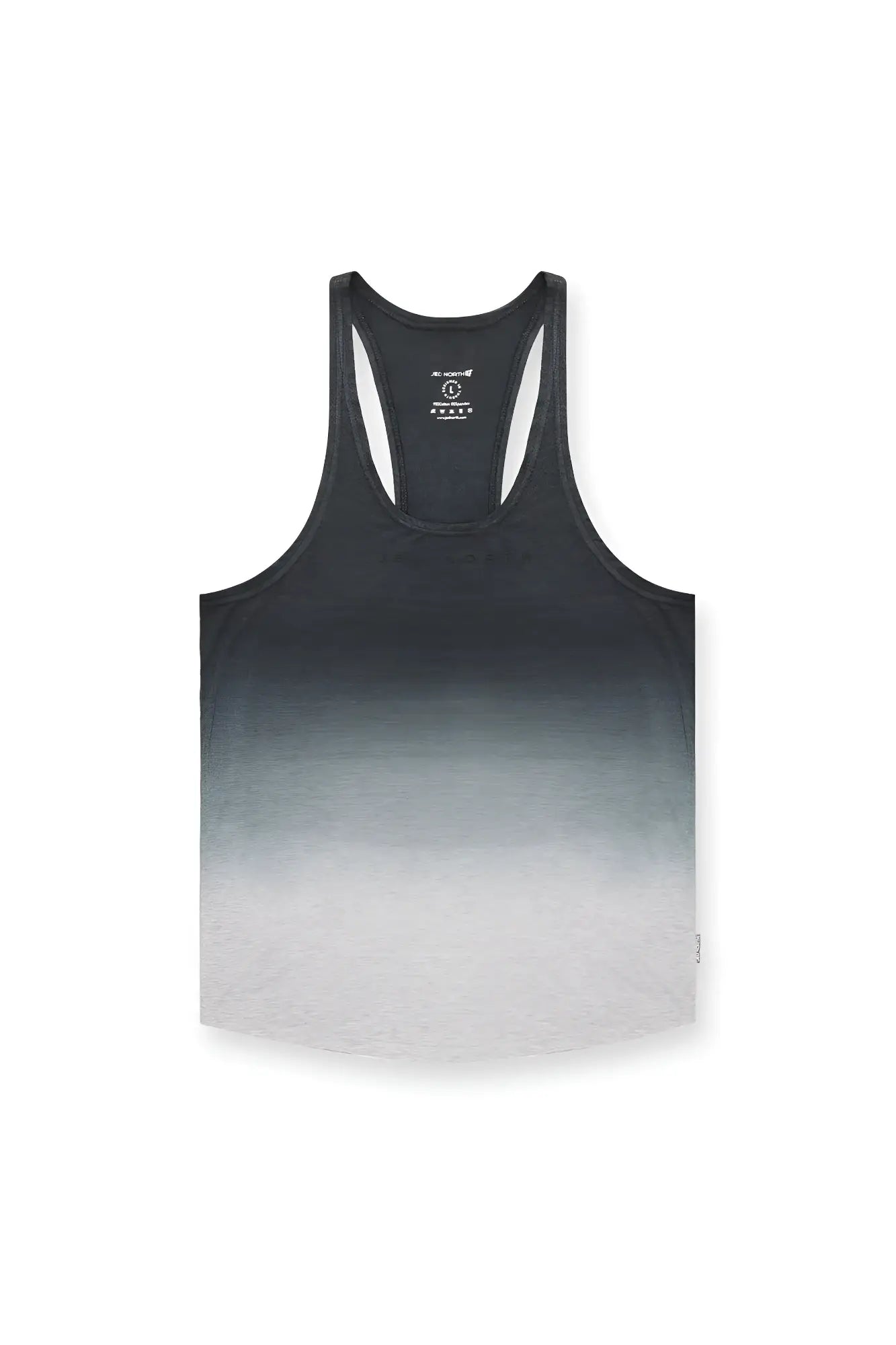 Classic bodybuilding racerback stringer tank top with black to white gradient ombre front design in gray ombre color
