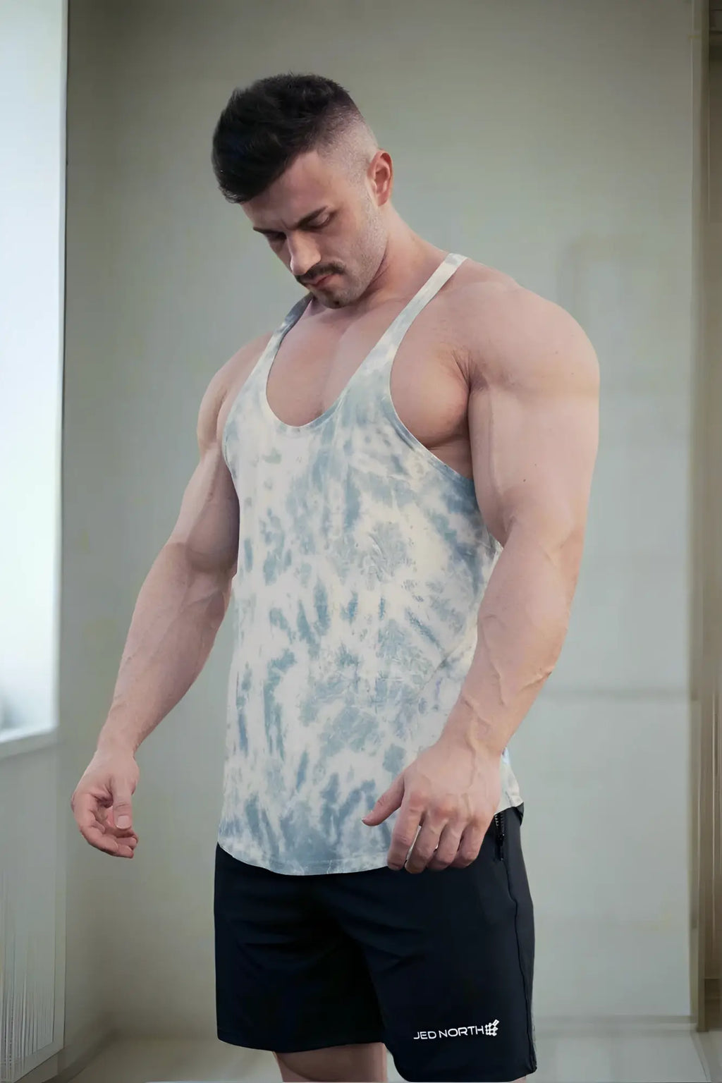 Jed North classic bodybuilding racerback stringer in gray tie dye with relaxed fit and thin straps for men