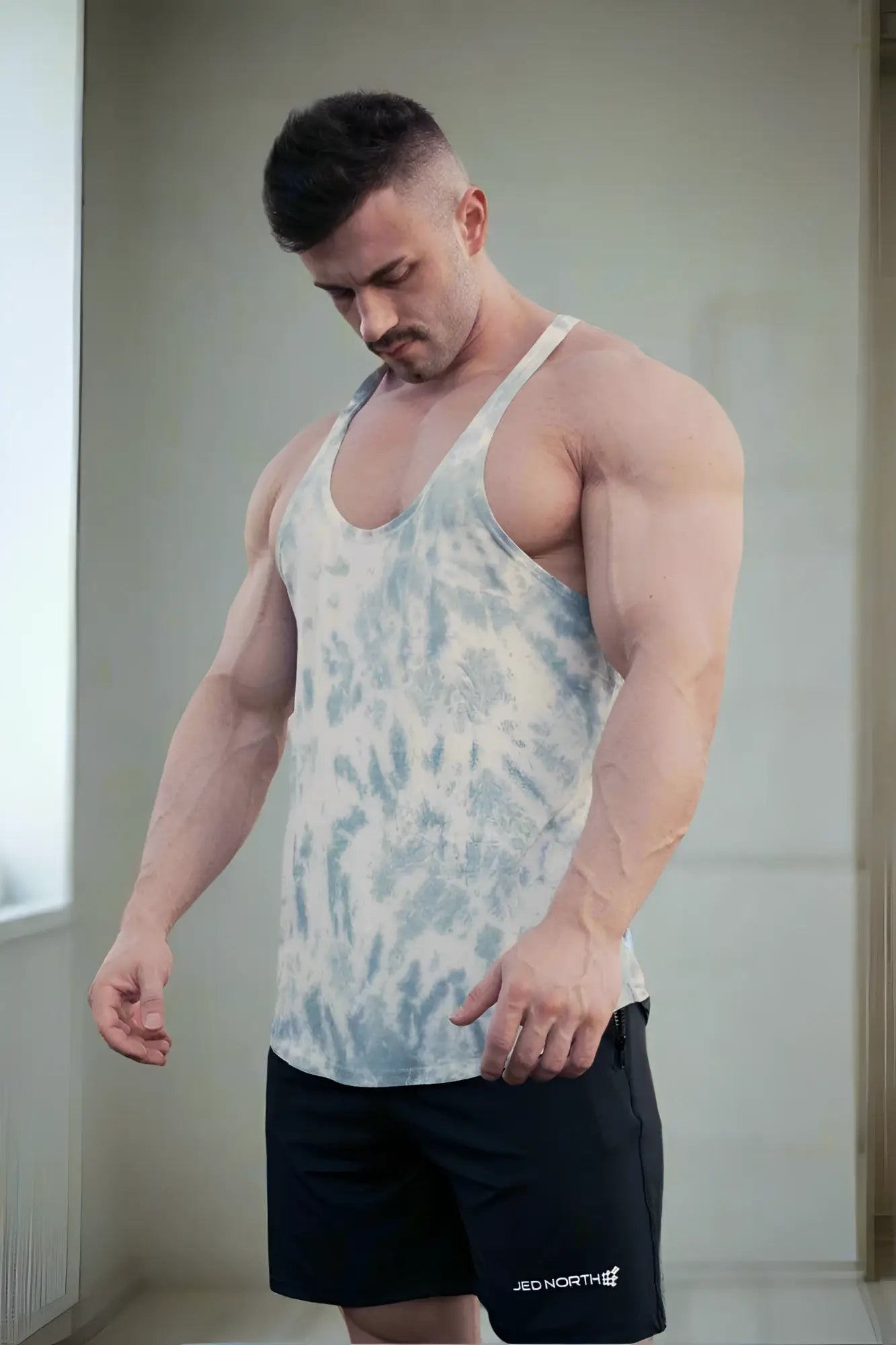 Jed North classic bodybuilding racerback stringer in gray tie dye with relaxed fit and thin straps for men
