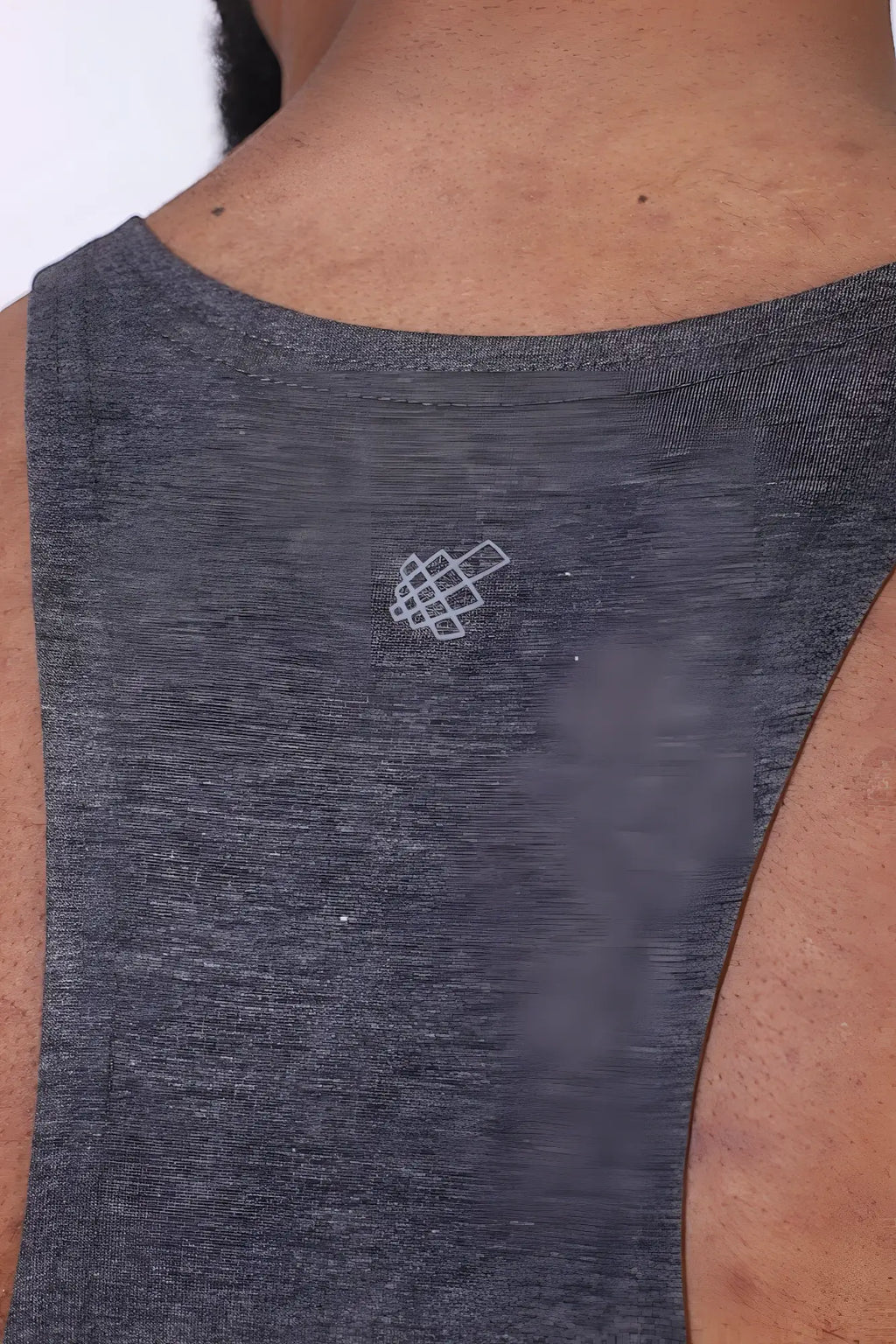 Gray heathered jed north classic bodybuilding racerback stringer tank top with small white logo at neckline