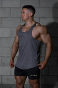 Gray heathered jed north classic bodybuilding racerback stringer tank top with black side panels and subtle logo