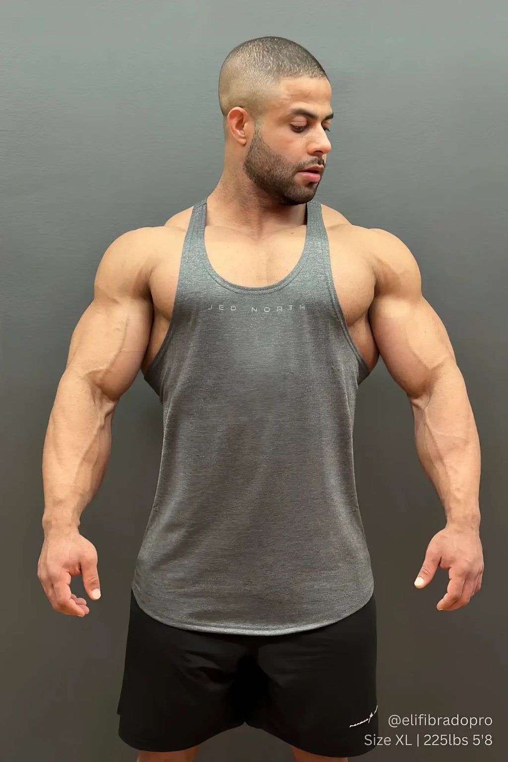 Gray muscle tank top heather gray with jeo north white print front by jed north classic bodybuilding racerback stringer
