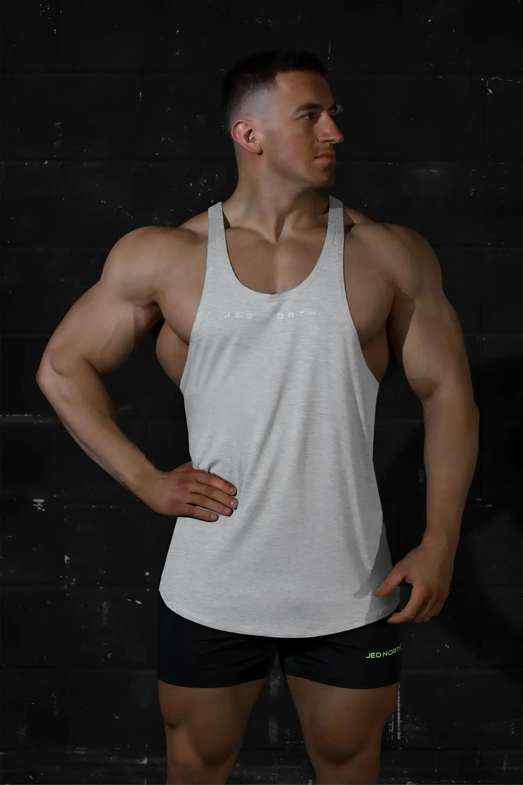 Jed North classic bodybuilding racerback stringer sleeveless tank top in heather gray with subtle white logo
