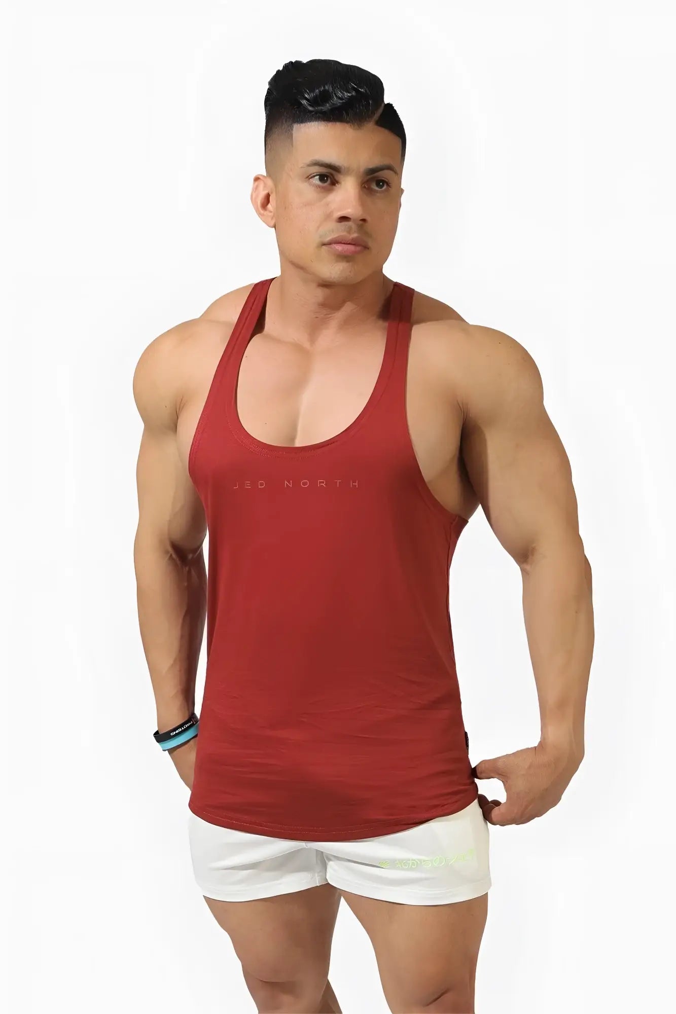 Classic bodybuilding racerback stringer maroon sleeveless tank top with subtle abs mortal logo across the chest