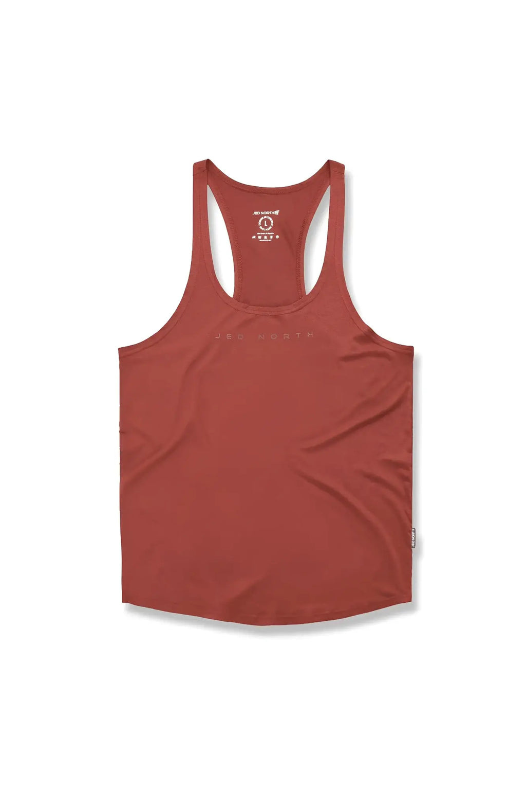 A rust-colored sleeveless maroon racerback tank top with subtle chest branding for bodybuilding workouts