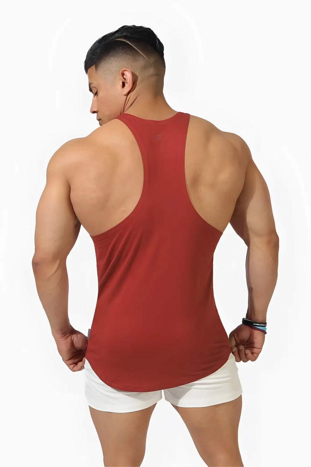 A sleek red maroon classic bodybuilding racerback stringer tank top with smooth fabric finish viewed from the back