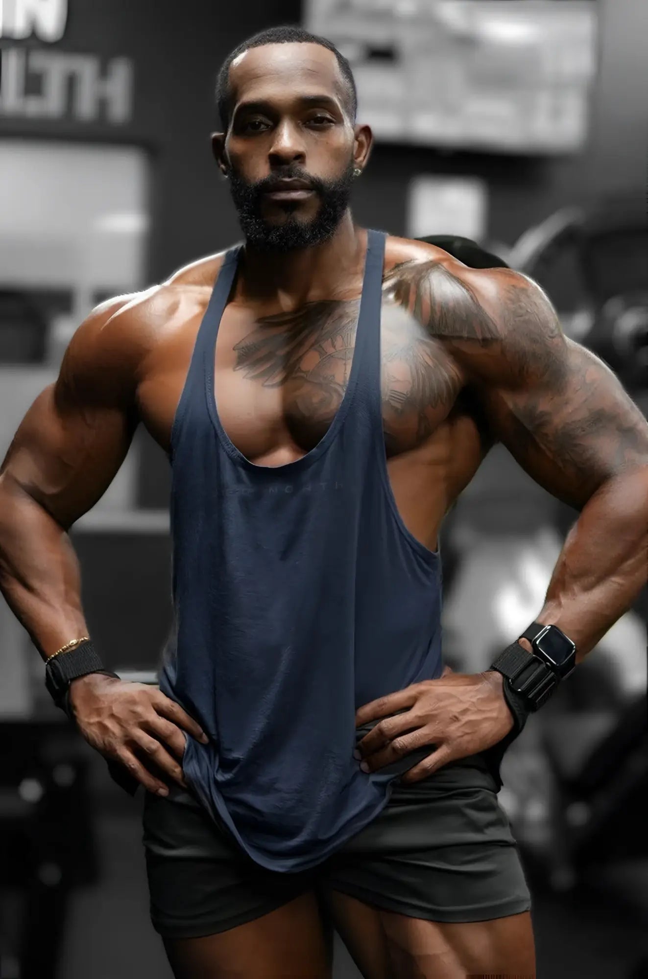 Jed North classic bodybuilding racerback stringer navy sleeveless athletic tank top with relaxed fit and frayed hem