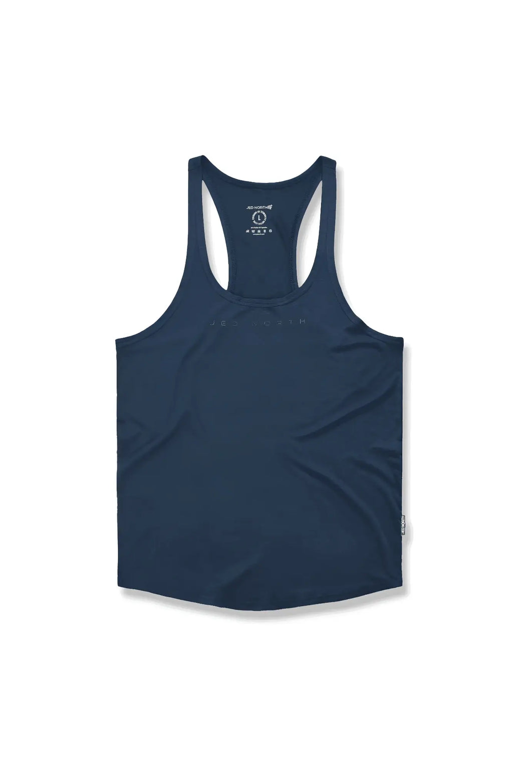 Navy blue Jed North classic bodybuilding racerback stringer showing back with subtle logo and small bottom tag