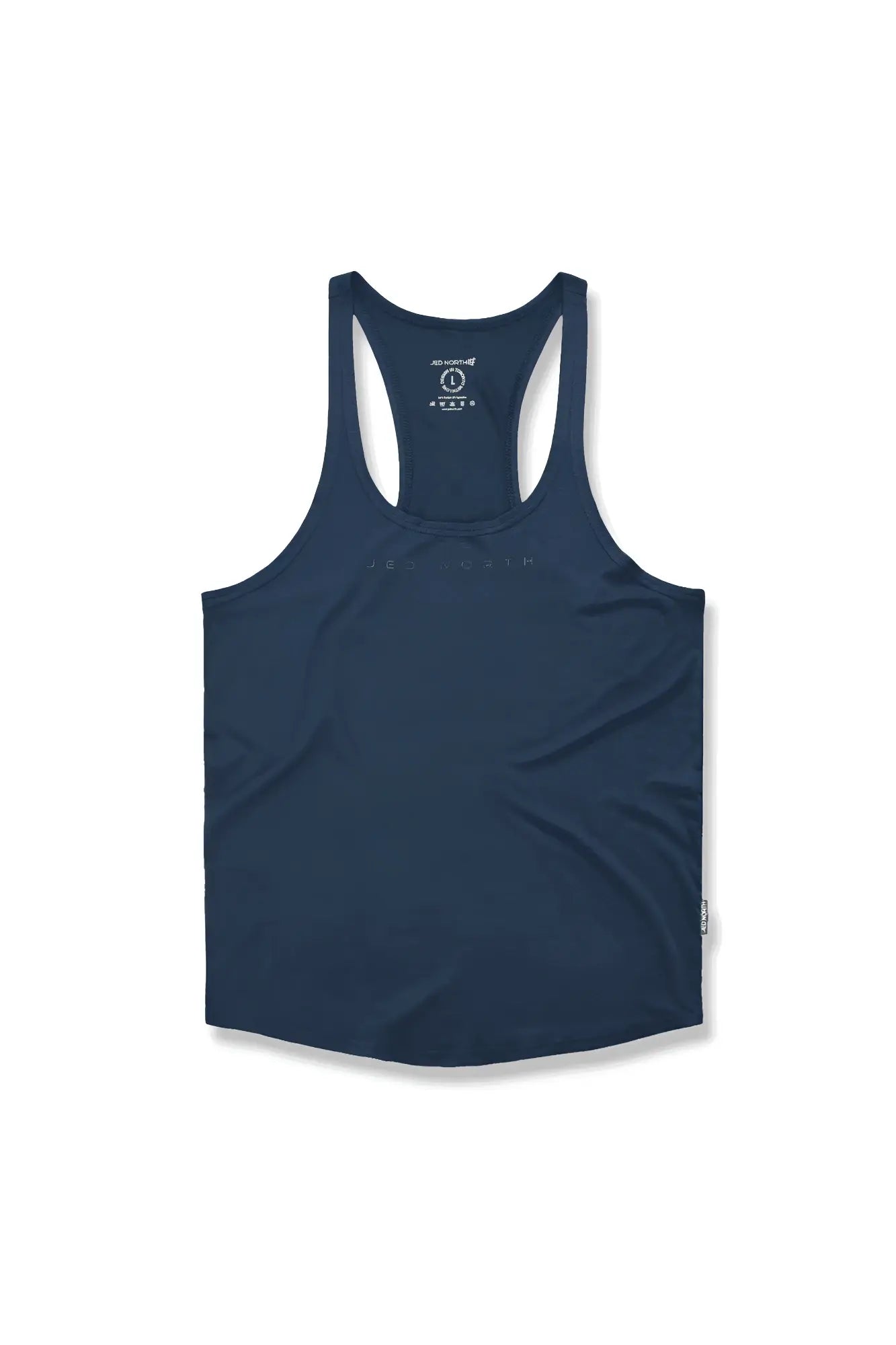 Navy blue Jed North classic bodybuilding racerback stringer showing back with subtle logo and small bottom tag