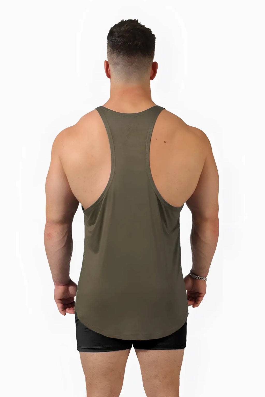 Olive green jed north classic bodybuilding racerback stringer muscle tank top with curved hem shown from the back