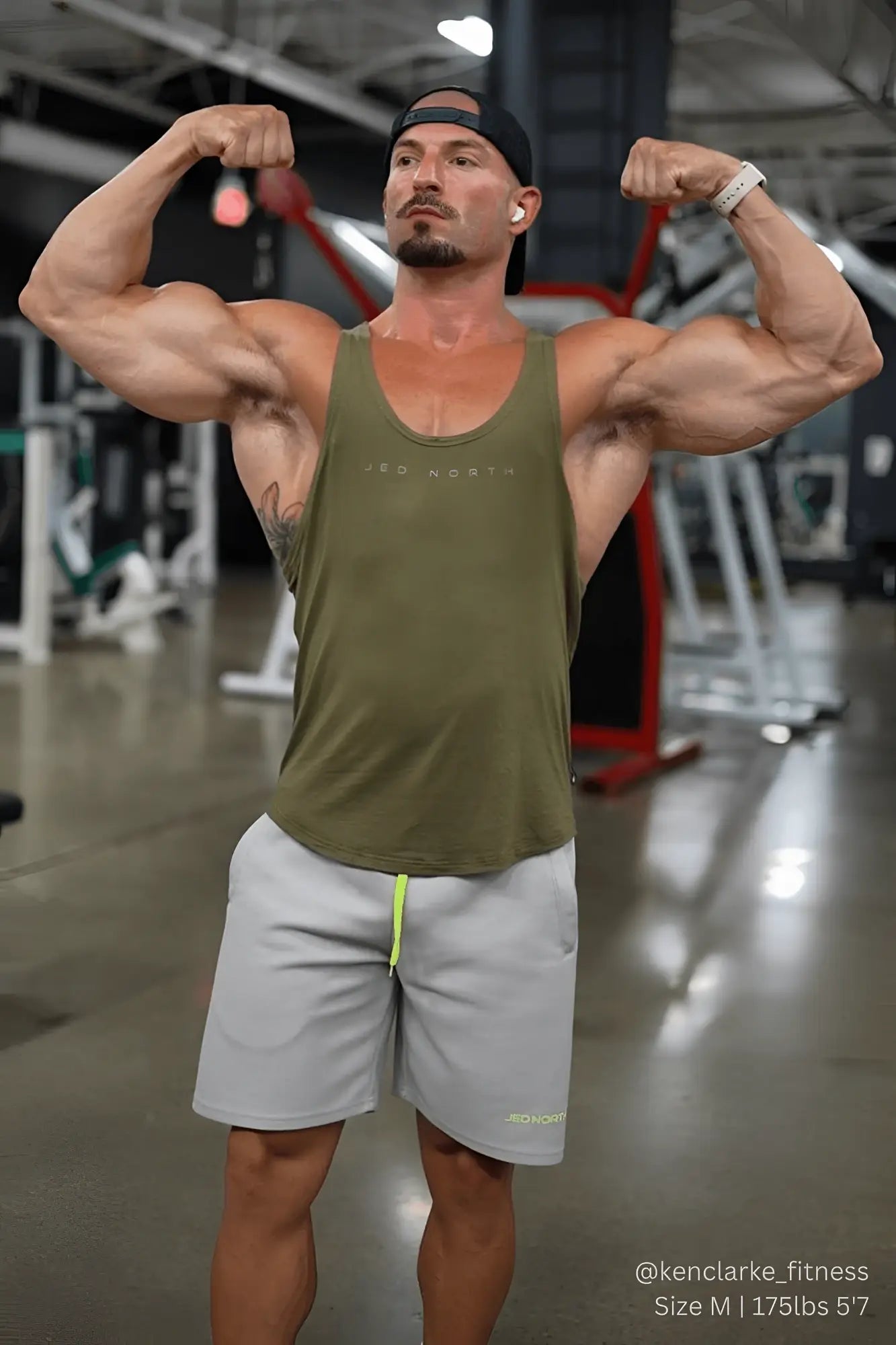 Olive jed north classic bodybuilding racerback stringer tank top with subtle jeo north print for gym training
