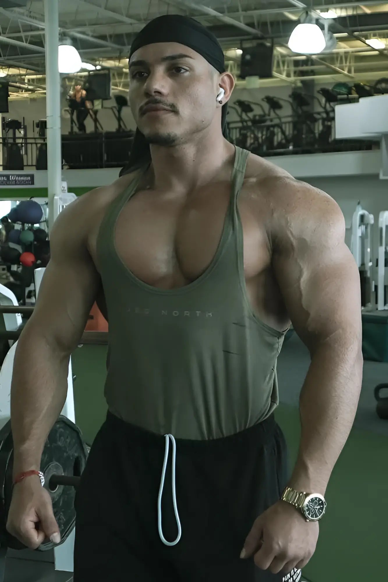Olive green jed north classic bodybuilding racerback stringer tank top with the north print across the chest