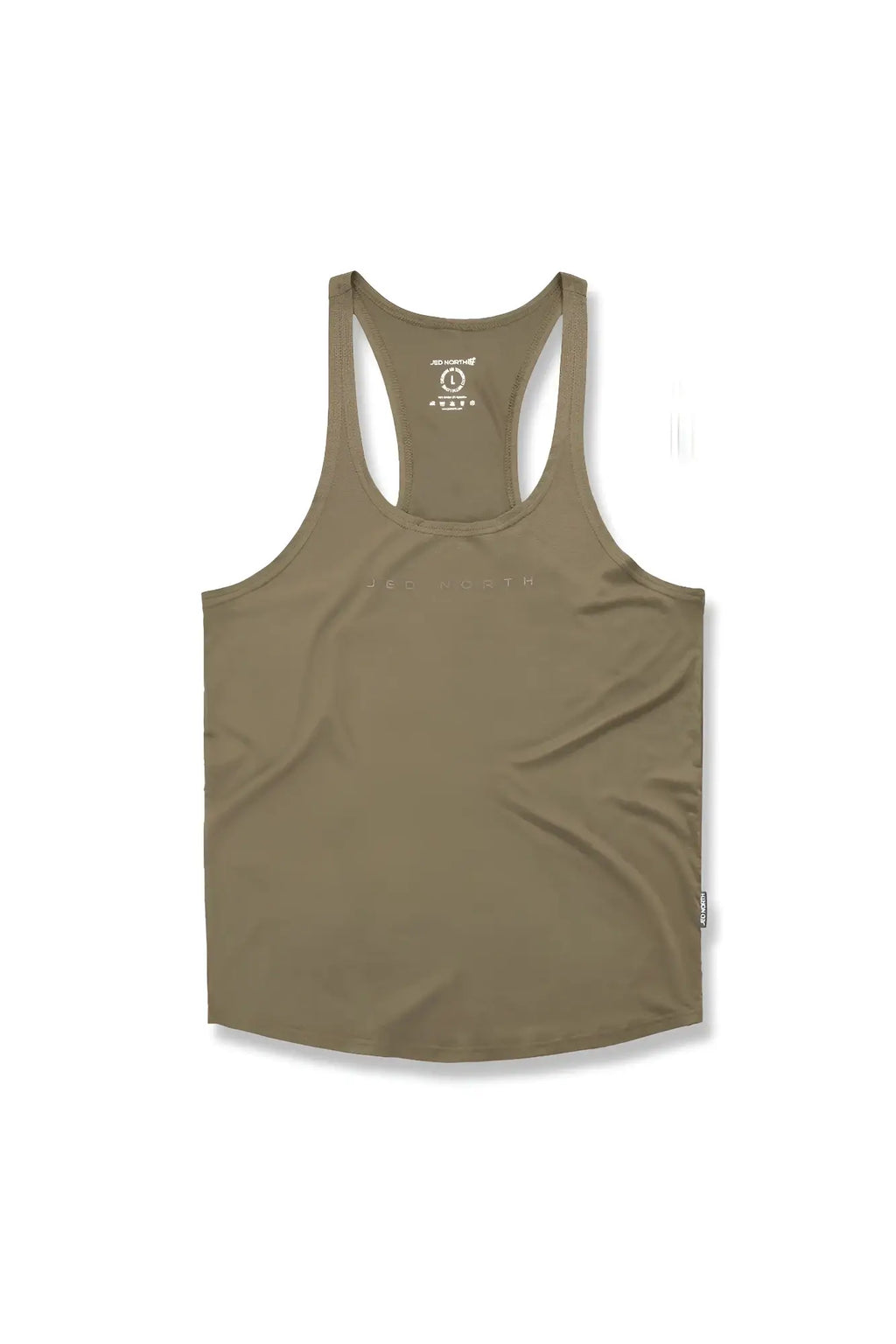 Olive green jed north classic bodybuilding racerback stringer tank top with subtle brand logo across the chest
