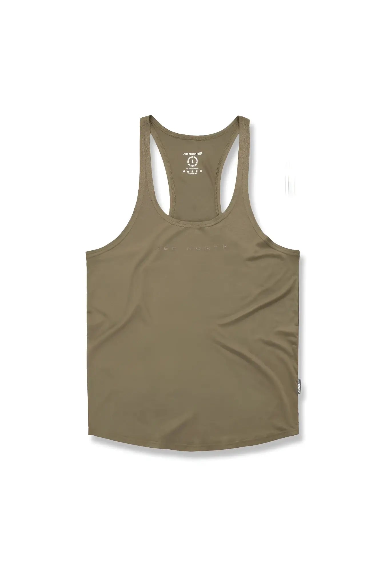 Olive green jed north classic bodybuilding racerback stringer tank top with subtle brand logo across the chest