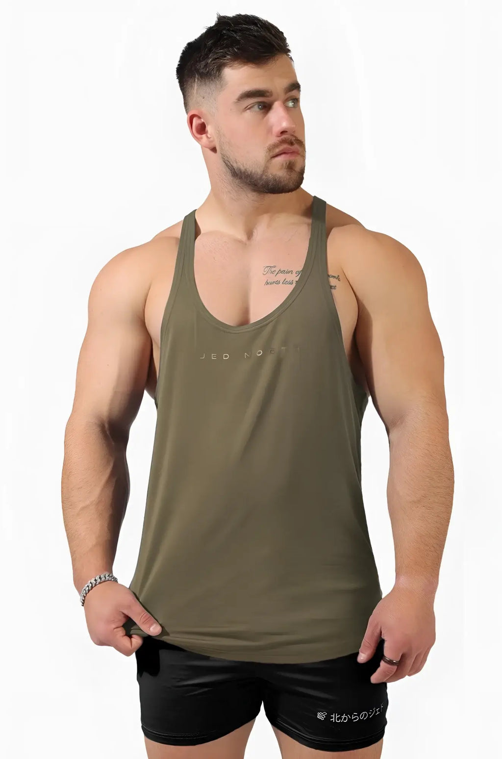 Olive green Jed North Classic bodybuilding racerback stringer tank top with subtle jed sport logo across chest