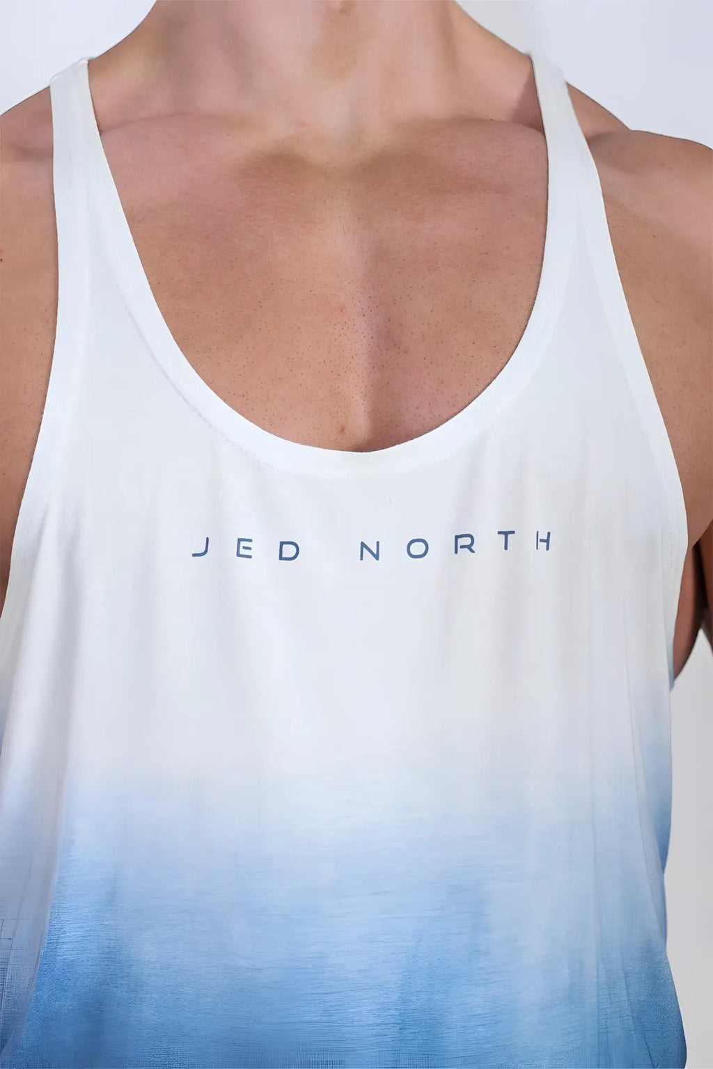 Classic bodybuilding racerback stringer ombre blue tank top with white and blue gradient and jed north printed chest
