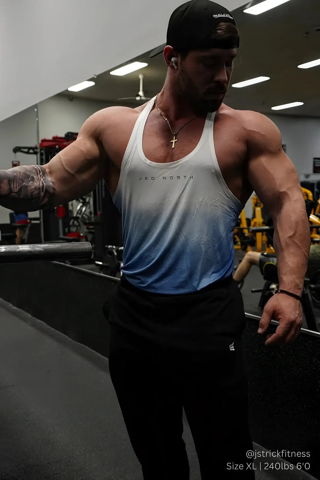 White and blue gradient classic bodybuilding racerback stringer tank top with jed north logo printed on the chest