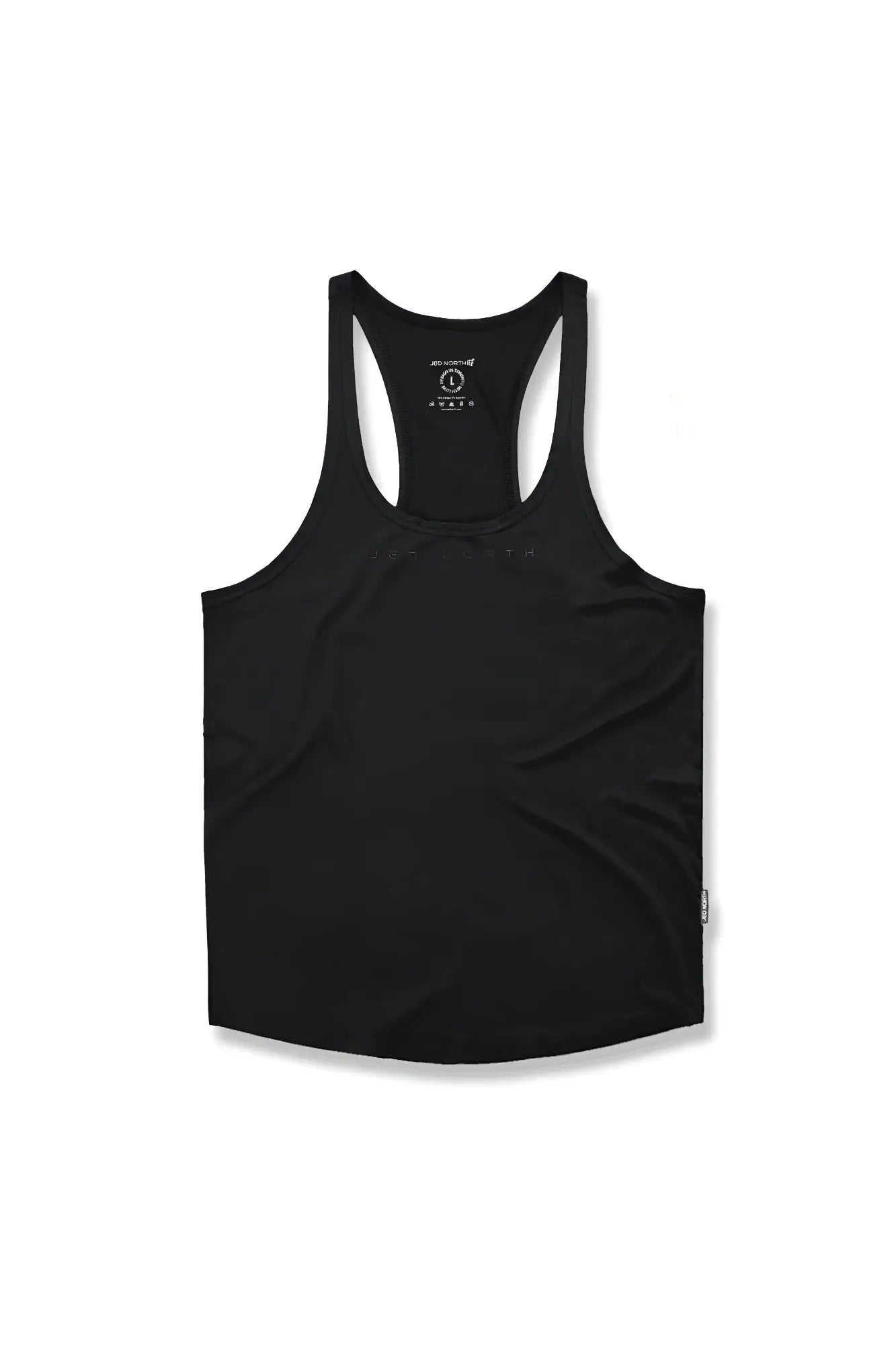 Black jed north classic bodybuilding racerback stringer tank top showing back with subtle white branding