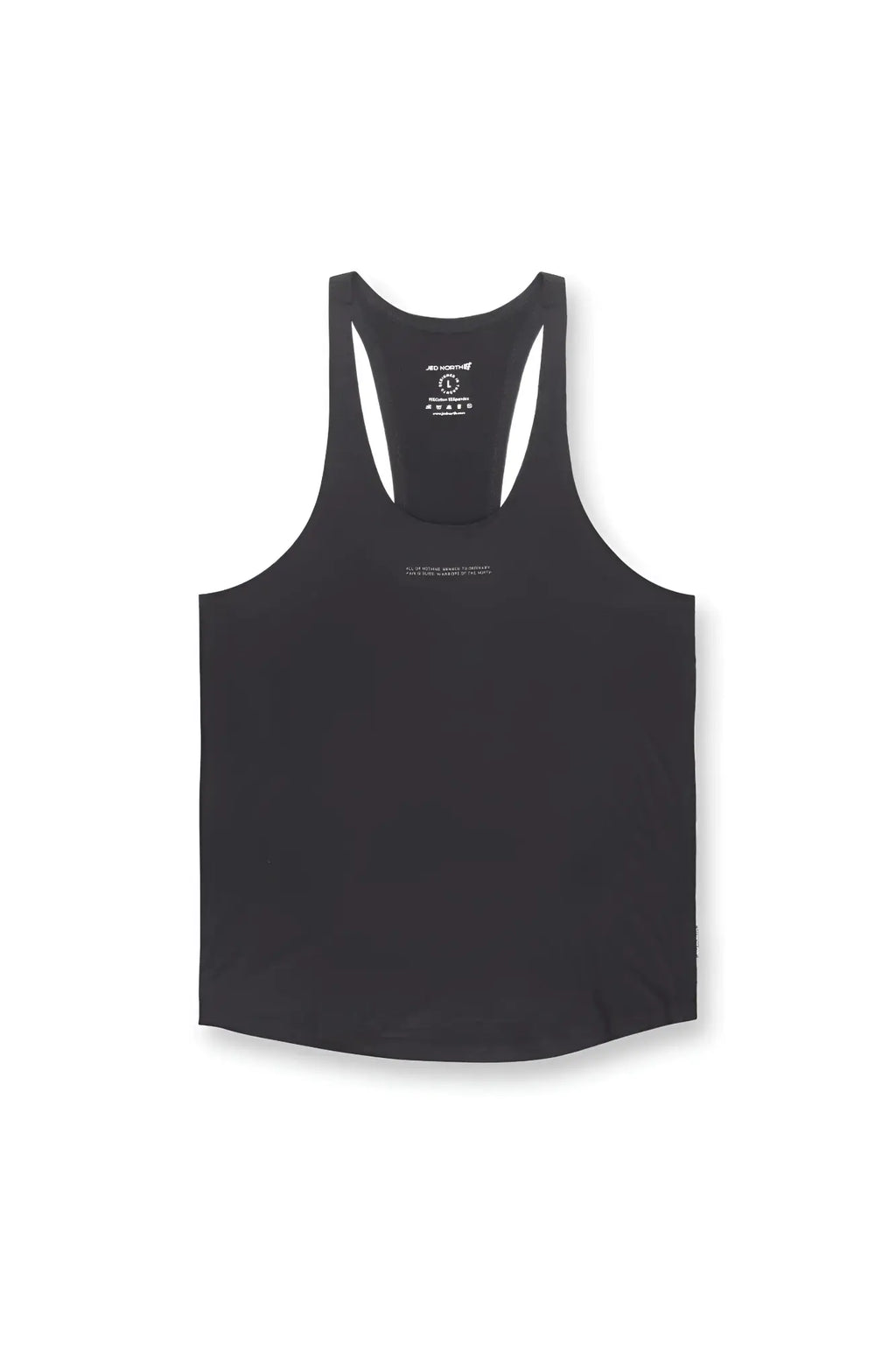 Black racerback tank top with sleek minimalist design and subtle white branding on back side for bodybuilding use