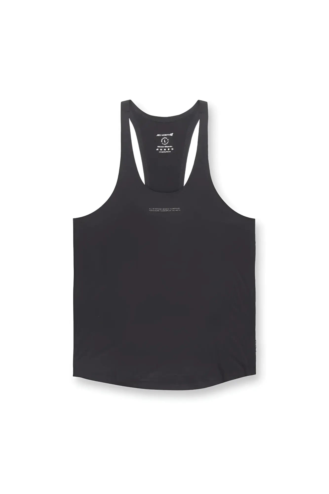 Black racerback tank top with sleek minimalist design and subtle white branding on back side for bodybuilding use
