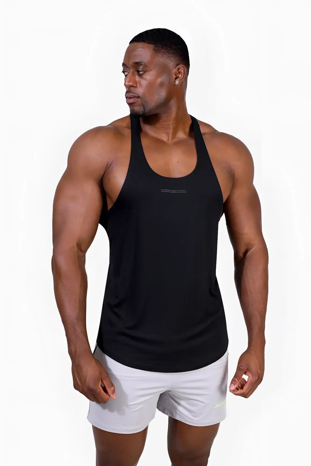 Black racerback tank top classic bodybuilding stringer with subtle chest logo for workout and casual wear