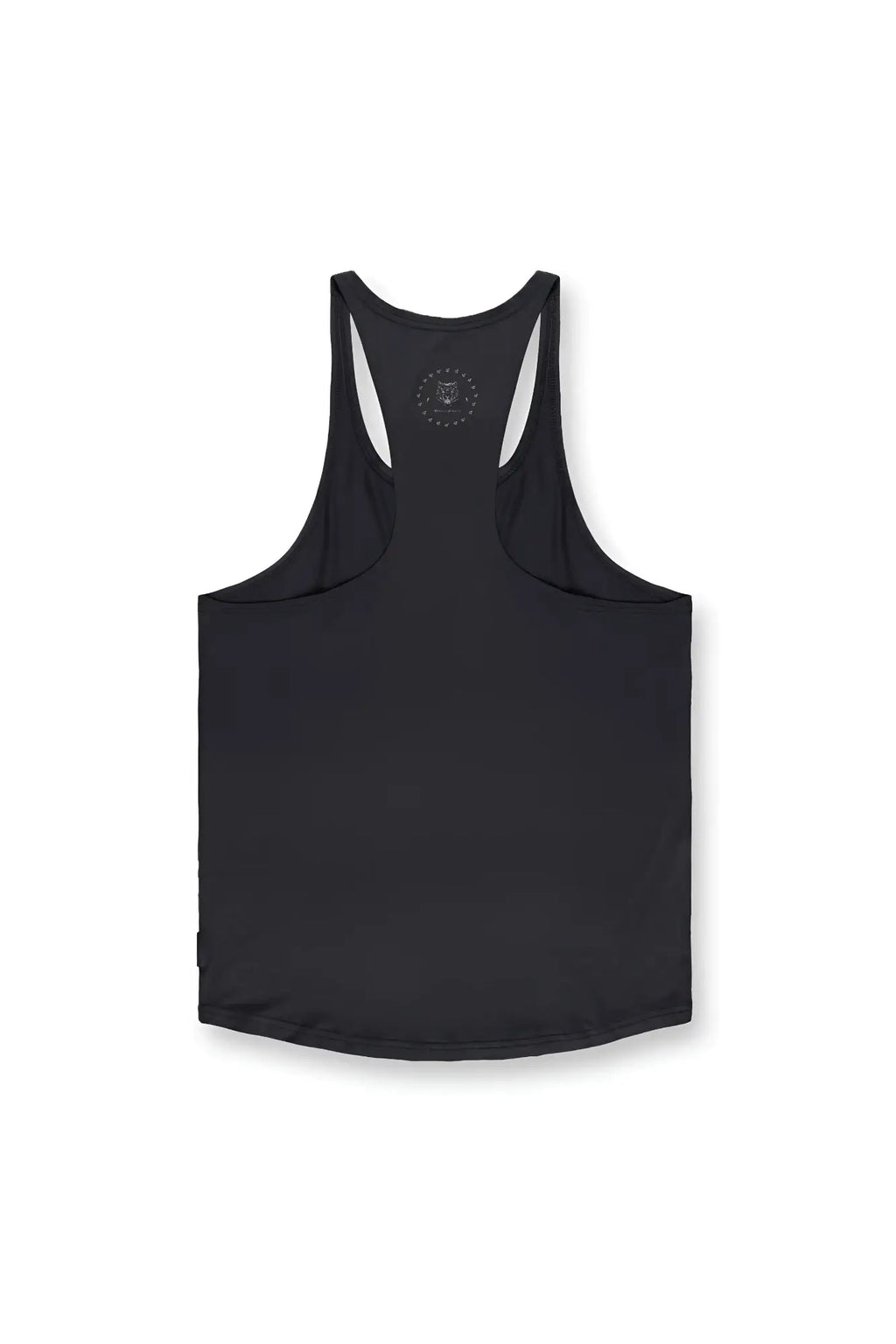 Black classic bodybuilding racerback stringer tank top with white side panels and subtle circular logo at neckline