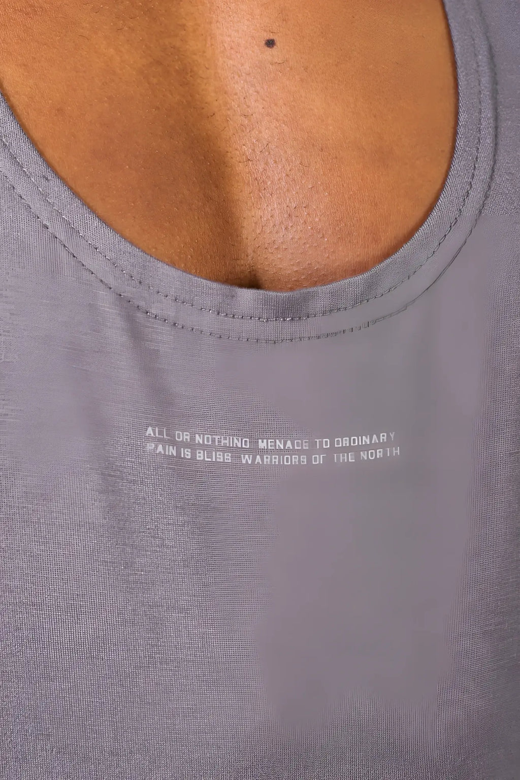 Gray heathered classic bodybuilding racerback stringer tank top with subtle white text print across the chest
