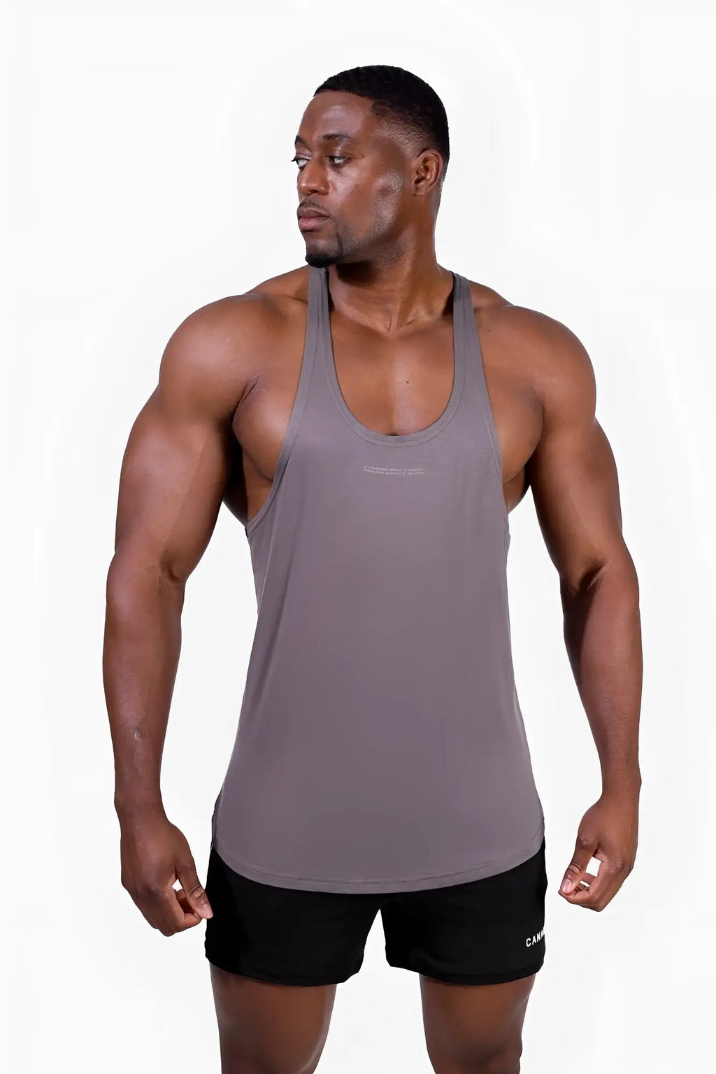 Classic bodybuilding racerback stringer gray muscle tank top with minimalist design and subtle chest branding