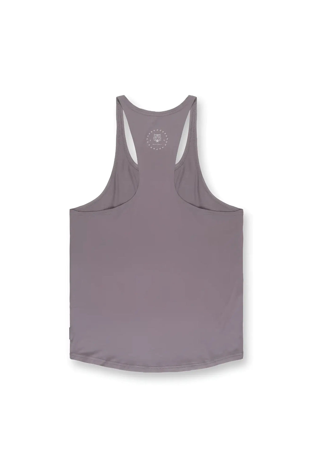 A sleek gray classic bodybuilding racerback stringer tank top with a subtle circular logo at the neckline