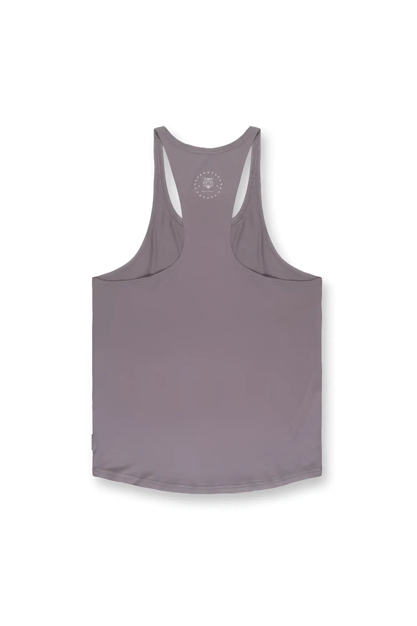 A sleek gray classic bodybuilding racerback stringer tank top with a subtle circular logo at the neckline