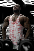 Pink and white tie dye muscle tank top classic bodybuilding racerback stringer for gym and casual wear