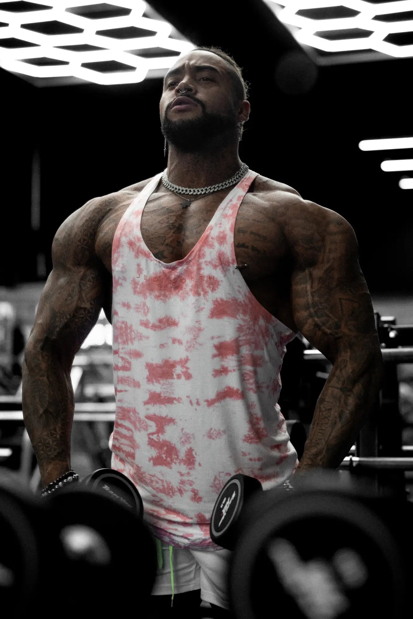 Pink and white tie dye muscle tank top classic bodybuilding racerback stringer for gym and casual wear