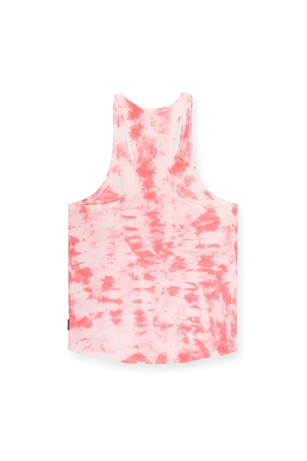 Classic bodybuilding racerback stringer tank top with pink and white tie dye and racerback design shown from the back