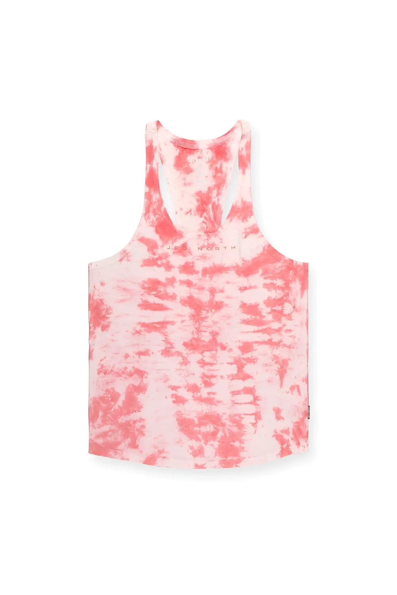 A pink and white tie-dye racerback tank top with subtle brand logo across the chest for classic bodybuilding