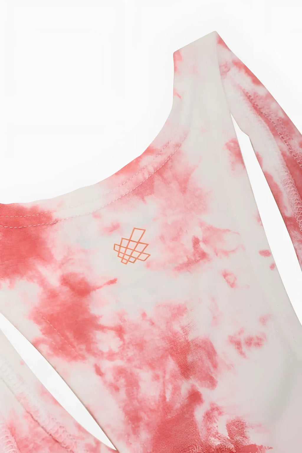 Classic bodybuilding racerback stringer tank top in red pink and white tie dye with orange logo embroidery near neckline