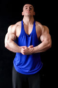 A vibrant royal blue sleeveless tank top with v-neckline and curved hem classic bodybuilding racerback stringer