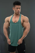 A teal sea green classic bodybuilding racerback stringer tank top with a subtle red north logo on the chest